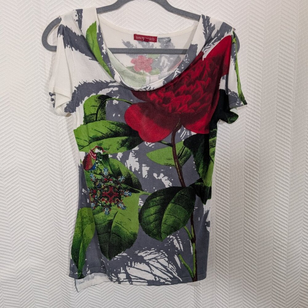 San Francisco Lightweight Knit Floral Print Top Cowl Neck Medium Whimsical Y2K